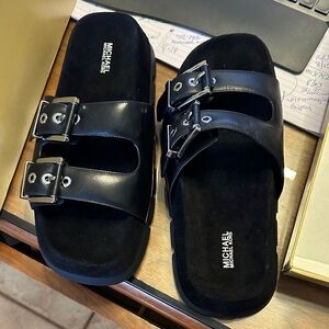Michael Kors Black Leather Buckle Slides